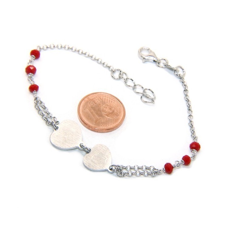 NSA|Bracelet man woman Silver 925 red crystal with double satin heart and diamond circle 18.00 - 20.50 cm