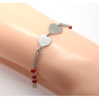 NSA|Bracelet man woman Silver 925 red crystal with double satin heart and diamond circle 18.00 - 20.50 cm