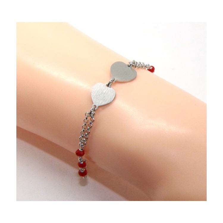 NSA|Bracelet man woman Silver 925 red crystal with double satin heart and diamond circle 18.00 - 20.50 cm