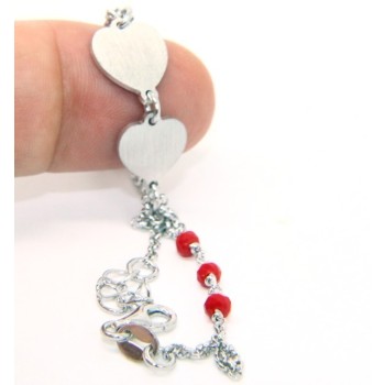 NSA|Bracelet man woman Silver 925 red crystal with double satin heart and diamond circle 18.00 - 20.50 cm