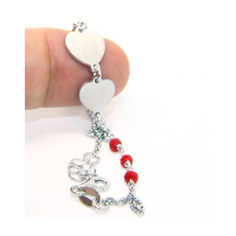 NSA|Bracelet man woman Silver 925 red crystal with double satin heart and diamond circle 18.00 - 20.50 cm