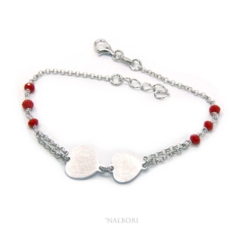 NSA|Bracciale uomo donna Argento 925 cristallo rosso con doppio cuore satinato e cerchio diamantato 18,00 - 20,50 cm