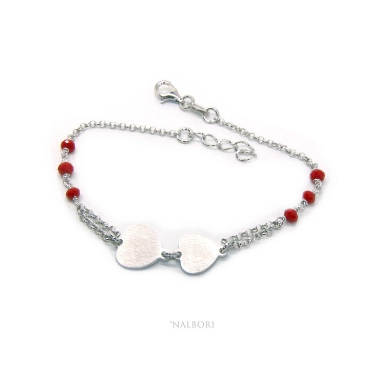NSA|Bracciale uomo donna Argento 925 cristallo rosso con doppio cuore satinato e cerchio diamantato 18,00 - 20,50 cm
