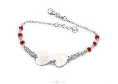 NSA|Bracciale uomo donna Argento 925 cristallo rosso con doppio cuore satinato e cerchio diamantato 18,00 - 20,50 cm