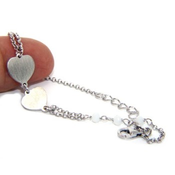 NSA|Bracciale uomo donna Argento 925 lavorazione a rosario cristallo rosso con doppio cuore satinato 16,50 - 19,50 cm