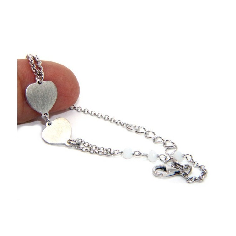 NSA|Bracciale uomo donna Argento 925 lavorazione a rosario cristallo rosso con doppio cuore satinato 16,50 - 19,50 cm
