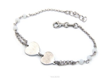 NSA|Bracciale uomo donna Argento 925 lavorazione a rosario cristallo rosso con doppio cuore satinato 16,50 - 19,50 cm