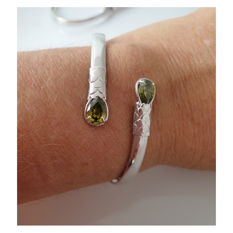NSA|ARGENTO 925 : Bracciale donna schiava aperto contrarie' zircone verde  goccia 2 griffe