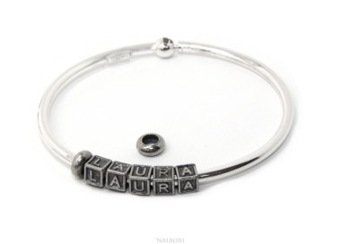 NSA|ARGENTO 925 : Bracciale donna uomo CHARME chiusura brevettata ovale - Nalbori componibili - con 2 STOP 5 lettere LAURA