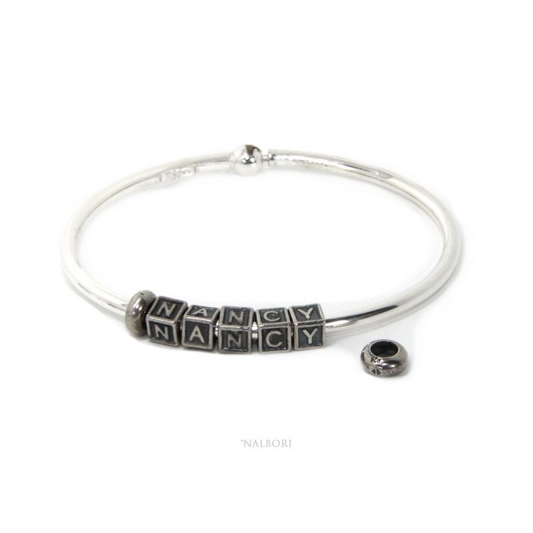 NSA|ARGENTO 925 : Bracciale donna uomo CHARME chiusura brevettata ovale - Nalbori componibili - con 2 STOP 5 lettere NANCY