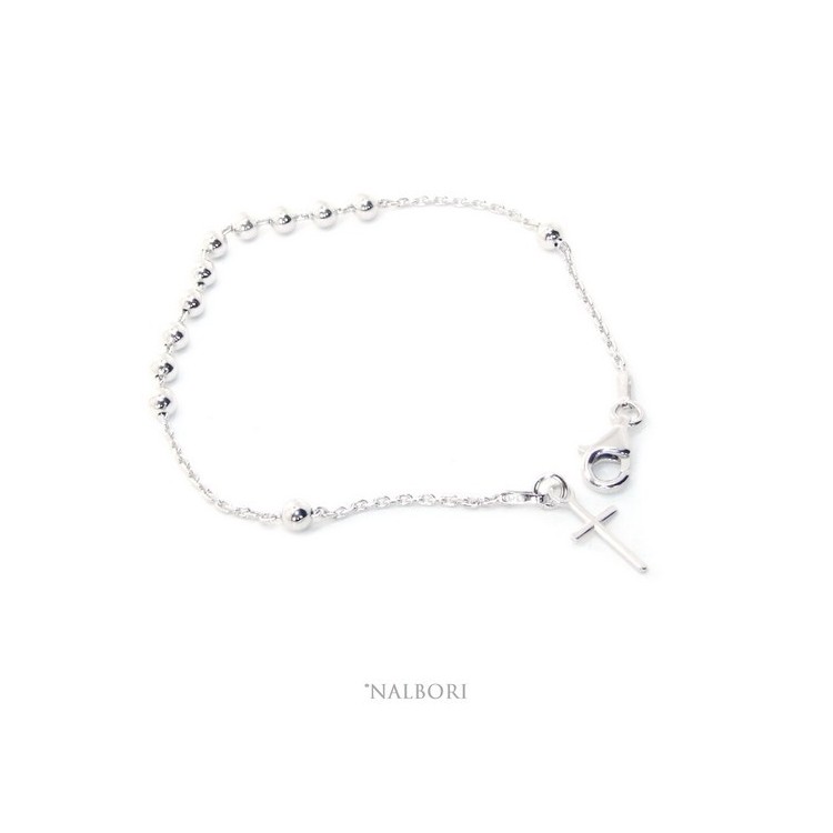 NSA|Rosary bracelet for men and women in 925 sterling silver smooth cross 4 mm balls various lengths Clear