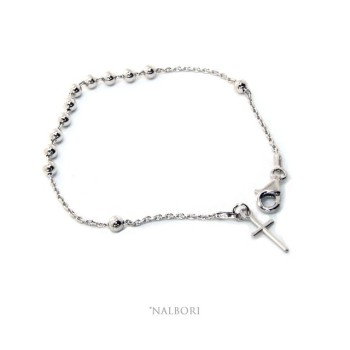NSA|Rosary bracelet for men and women in 925 sterling silver cross smooth balls 4 mm various lengths Rhodium