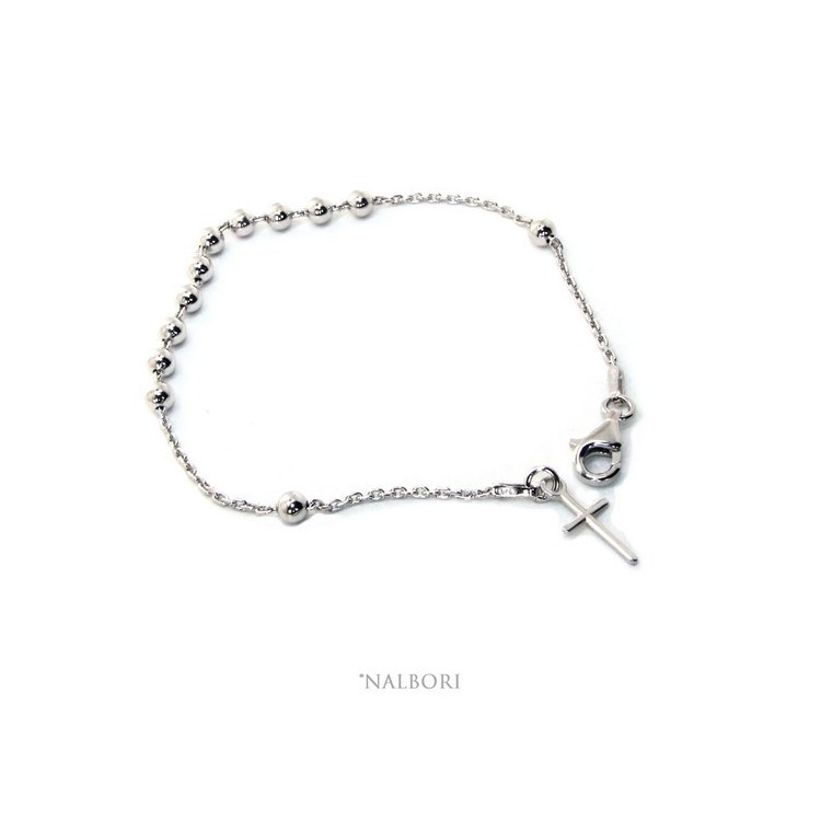 NSA|Rosary bracelet for men and women in 925 sterling silver cross smooth balls 4 mm various lengths Rhodium