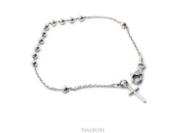 NSA|Rosary bracelet for men and women in 925 sterling silver cross smooth balls 4 mm various lengths Rhodium