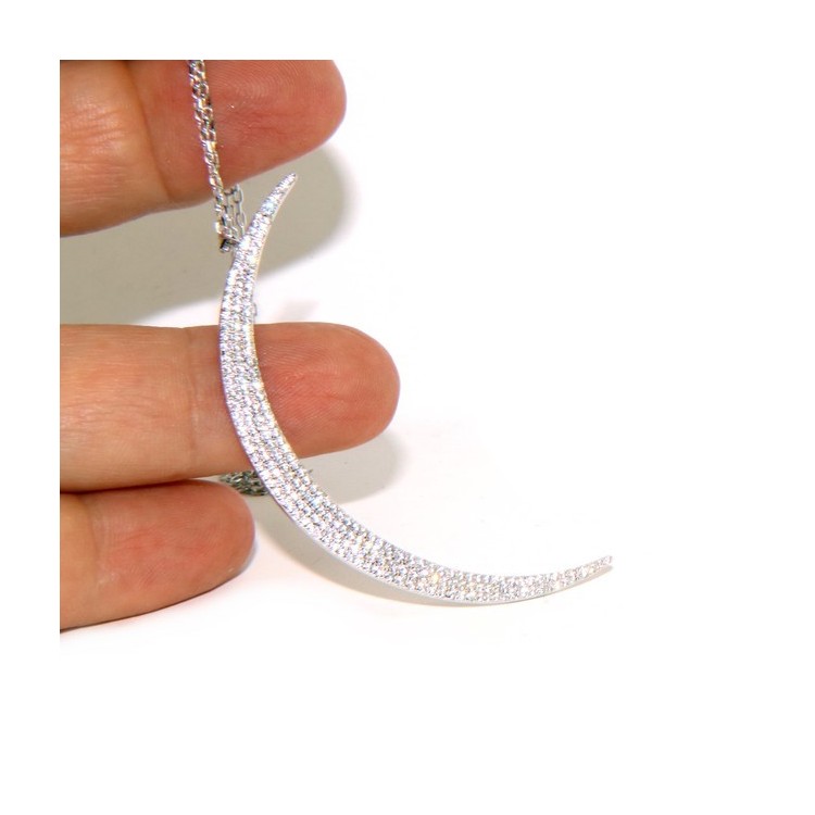 NSA|Collier necklace woman 925 SILVER with large half moon pendant pavé white cubic zirconia