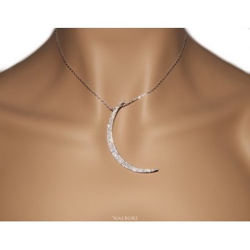 NSA|Collier necklace woman 925 SILVER with large half moon pendant pavé white cubic zirconia