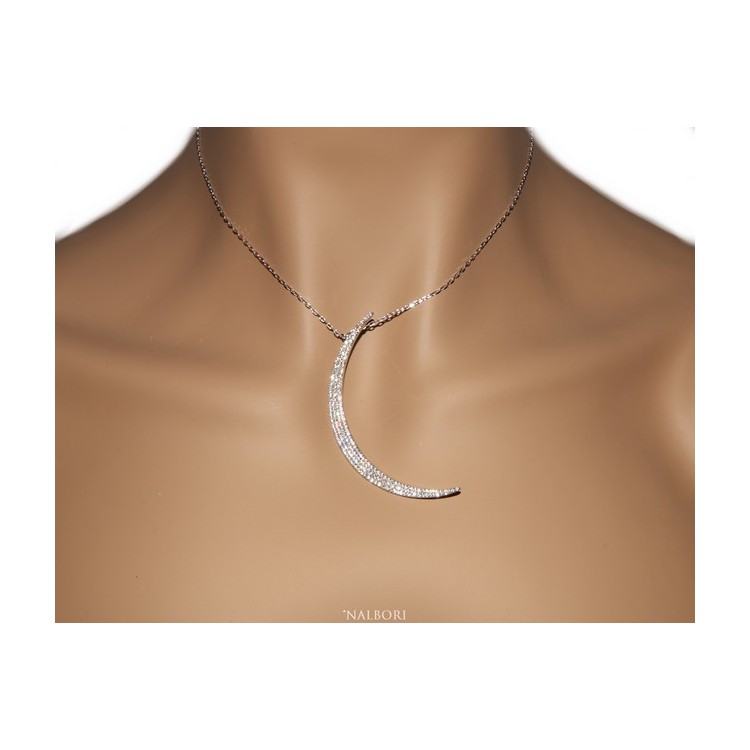 NSA|Collier necklace woman 925 SILVER with large half moon pendant pavé white cubic zirconia
