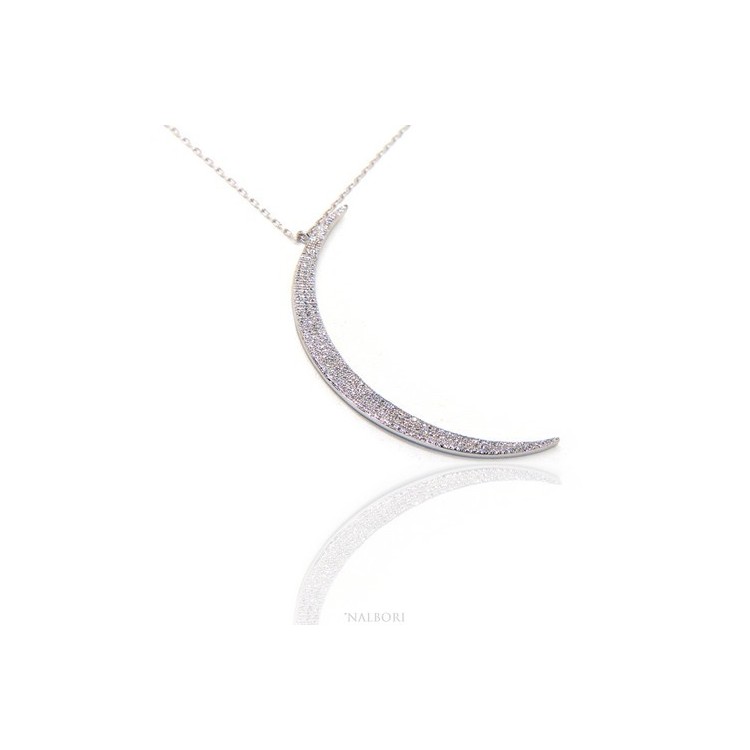 NSA|Collier necklace woman 925 SILVER with large half moon pendant pavé white cubic zirconia