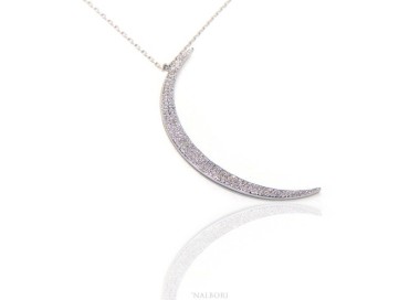 NSA|Collier necklace woman 925 SILVER with large half moon pendant pavé white cubic zirconia