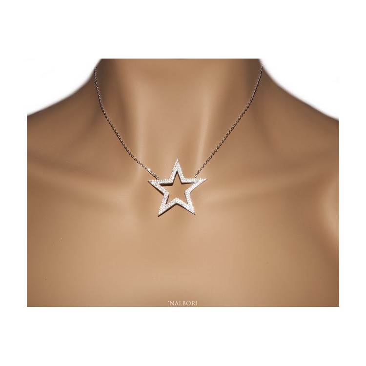 NSA|Collier necklace woman 925 SILVER with big star pendant pavé white cubic zirconia