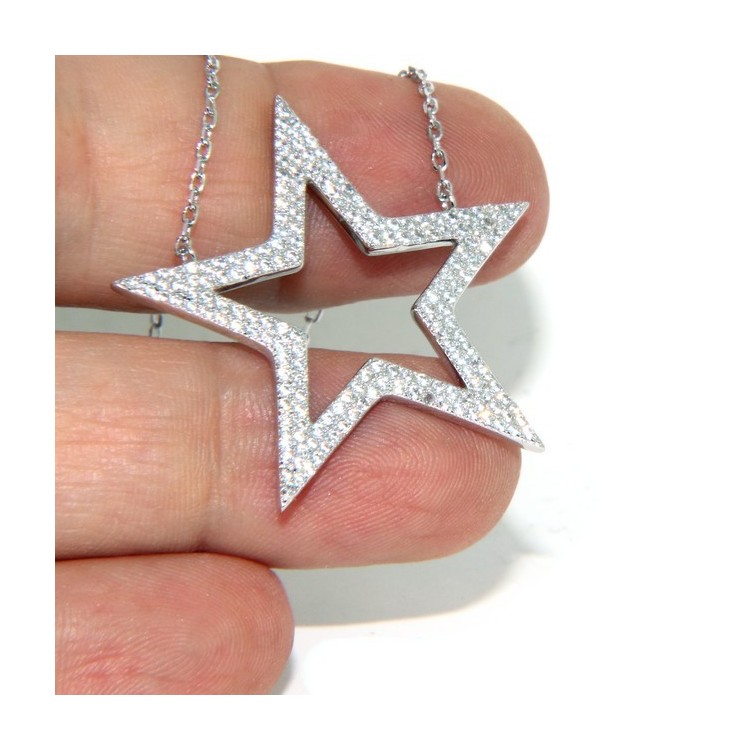 NSA|Collier necklace woman 925 SILVER with big star pendant pavé white cubic zirconia