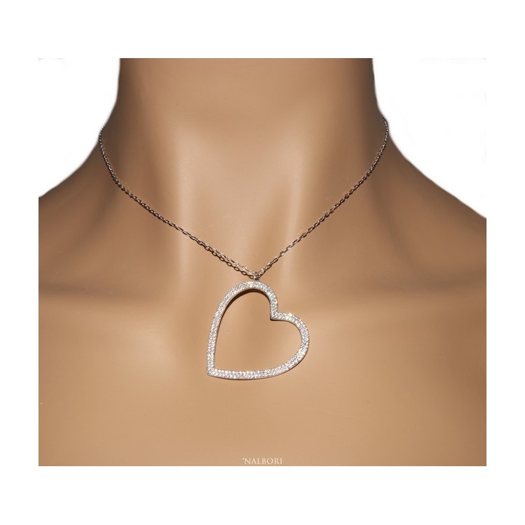 NSA|Collana Collier donna ARGENTO 925 con pendente grande cuore pavè zirconi bianchi