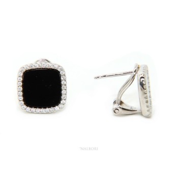 NSA|Silver 925: pair of earrings woman omega squares 12mm black onyx button round cubic zirconia