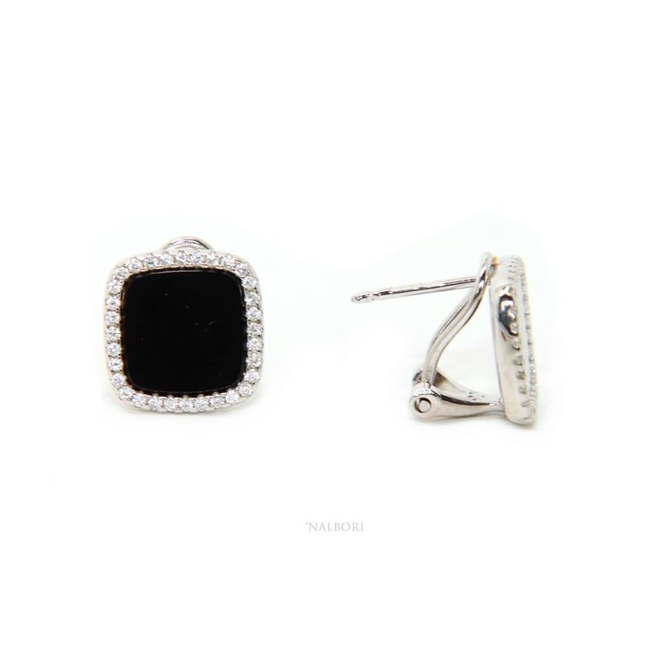 NSA|Silver 925: pair of earrings woman omega squares 12mm black onyx button round cubic zirconia