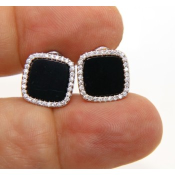 NSA|Silver 925: pair of earrings woman omega squares 12mm black onyx button round cubic zirconia