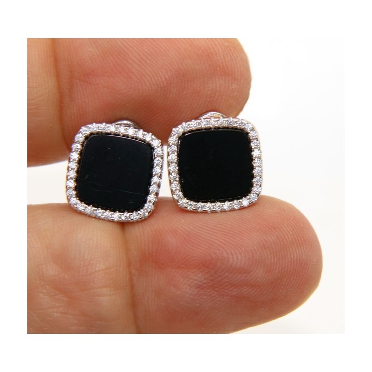 NSA|Silver 925: pair of earrings woman omega squares 12mm black onyx button round cubic zirconia