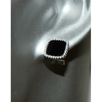 NSA|Silver 925: pair of earrings woman omega squares 12mm black onyx button round cubic zirconia