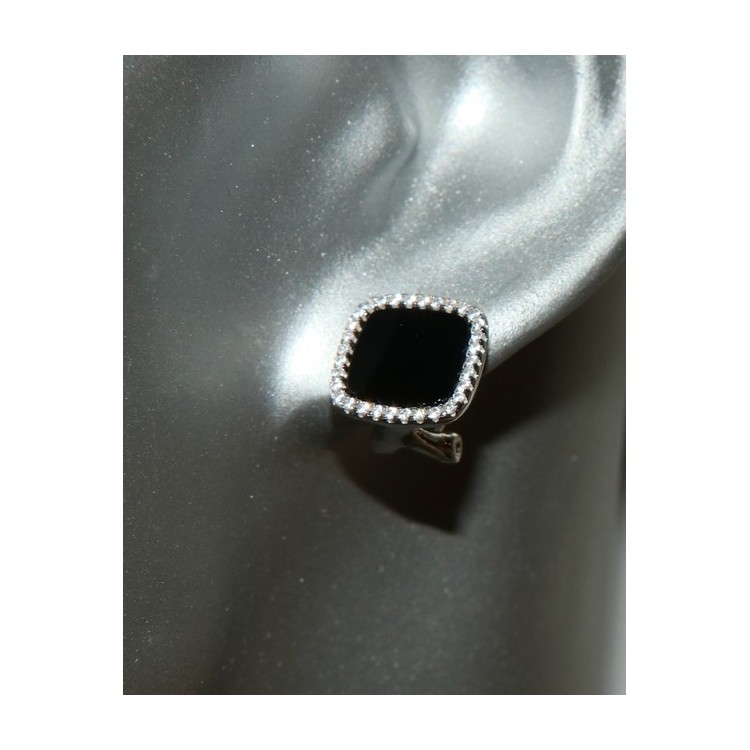 NSA|Silver 925: pair of earrings woman omega squares 12mm black onyx button round cubic zirconia
