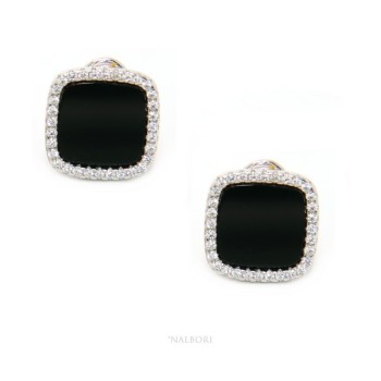NSA|Silver 925: pair of earrings woman omega squares 12mm black onyx button round cubic zirconia