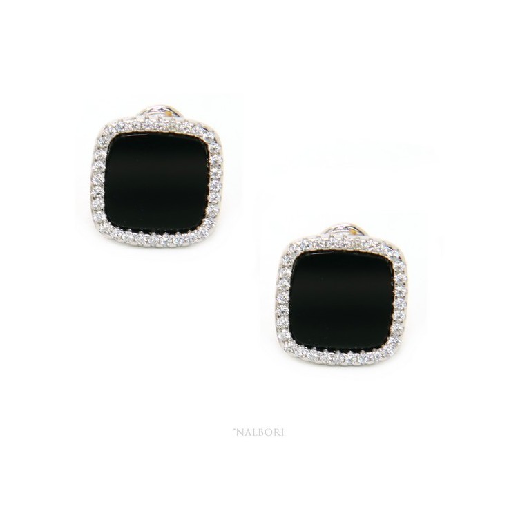 NSA|Silver 925: pair of earrings woman omega squares 12mm black onyx button round cubic zirconia