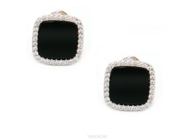 NSA|Silver 925: pair of earrings woman omega squares 12mm black onyx button round cubic zirconia