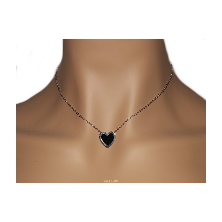 NSA|Argento 925 : Collana Collier donna cuore pietra onice nero 14 x 14