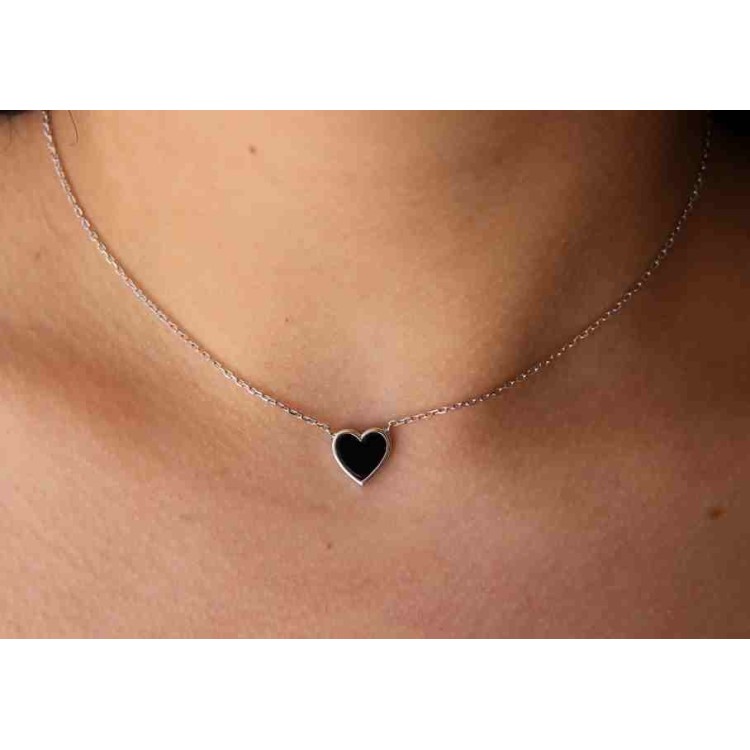 NSA|Argento 925 : Collana Collier donna cuore pietra onice nero 12x12 NALBORI