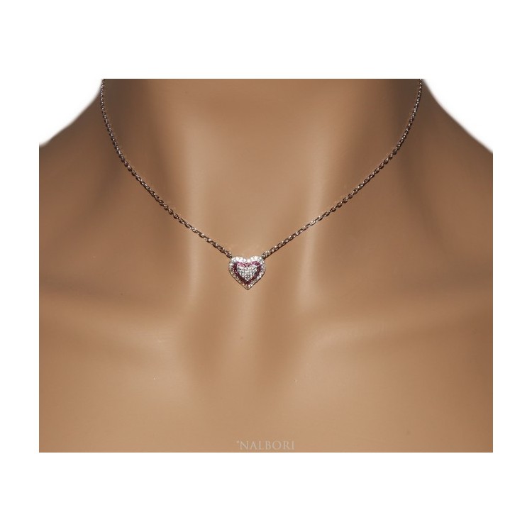 NSA|Necklace woman necklace SILVER 925 with heart pendant pavé micro white stones and rubin red