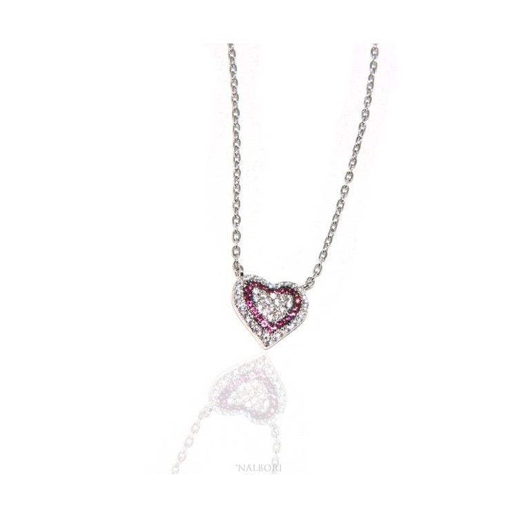 NSA|Collana Collier donna ARGENTO 925 con pendente cuore pavè micro pietre bianche e rosso rubin