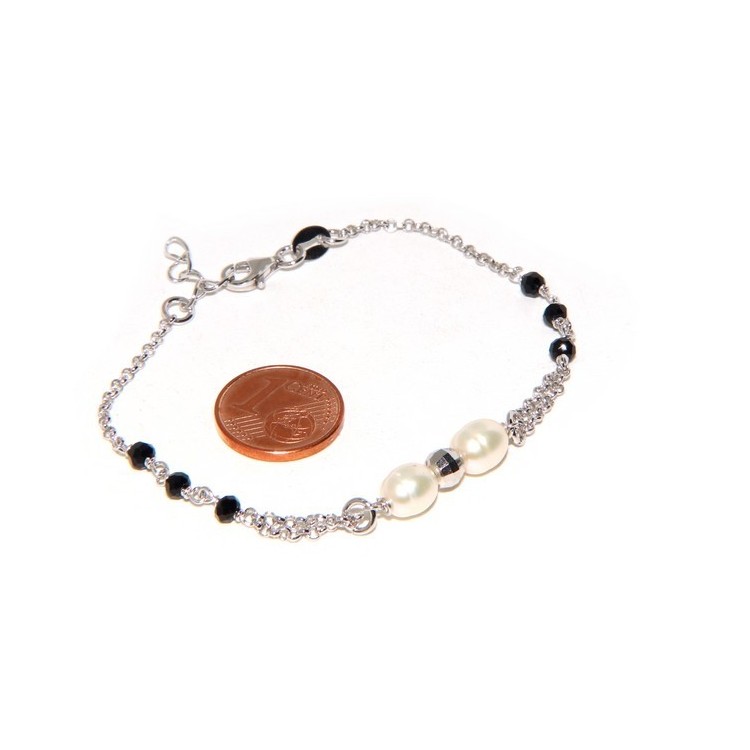 NSA|Bracciale lavorazione a rosario donna in Argento 925 perle coltivate e pallina diamantata 16-19 cm