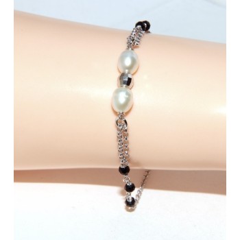 NSA|Bracciale lavorazione a rosario donna in Argento 925 perle coltivate e pallina diamantata 16-19 cm