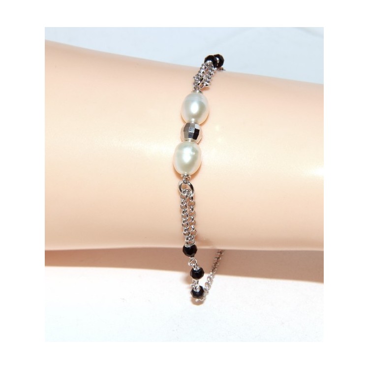 NSA|Rosary bracelet woman in Sterling Silver cultivated pearls and diamond ball 16-19 cm