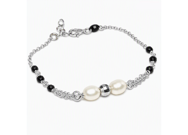 NSA|Bracciale lavorazione a rosario donna in Argento 925 perle coltivate e pallina diamantata 16-19 cm