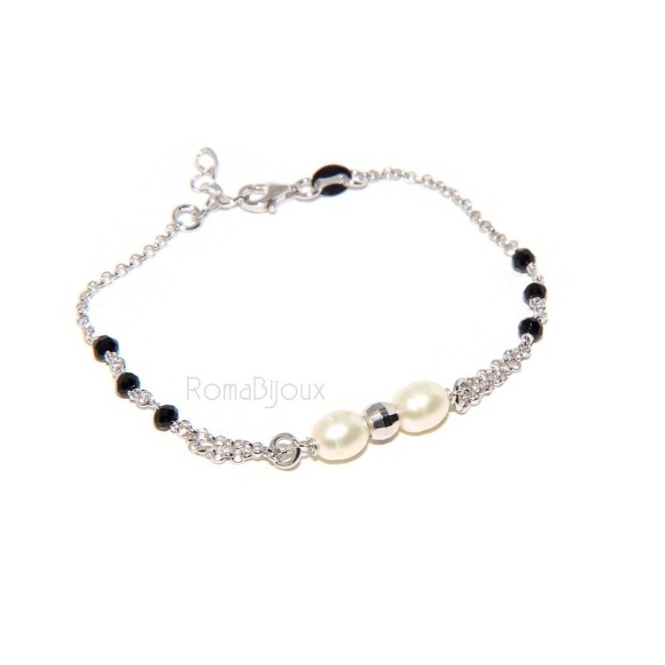 NSA|Rosary bracelet woman in Sterling Silver cultivated pearls and diamond ball 16-19 cm