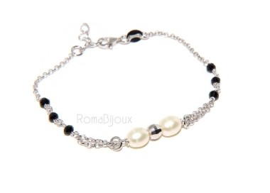 NSA|Bracciale lavorazione a rosario donna in Argento 925 perle coltivate e pallina diamantata 16-19 cm