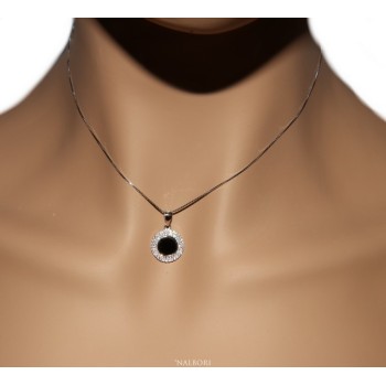 NSA|Argento 925 Collana Collier donna tondo pietra onice nero doppia cornice zirconi bianchi