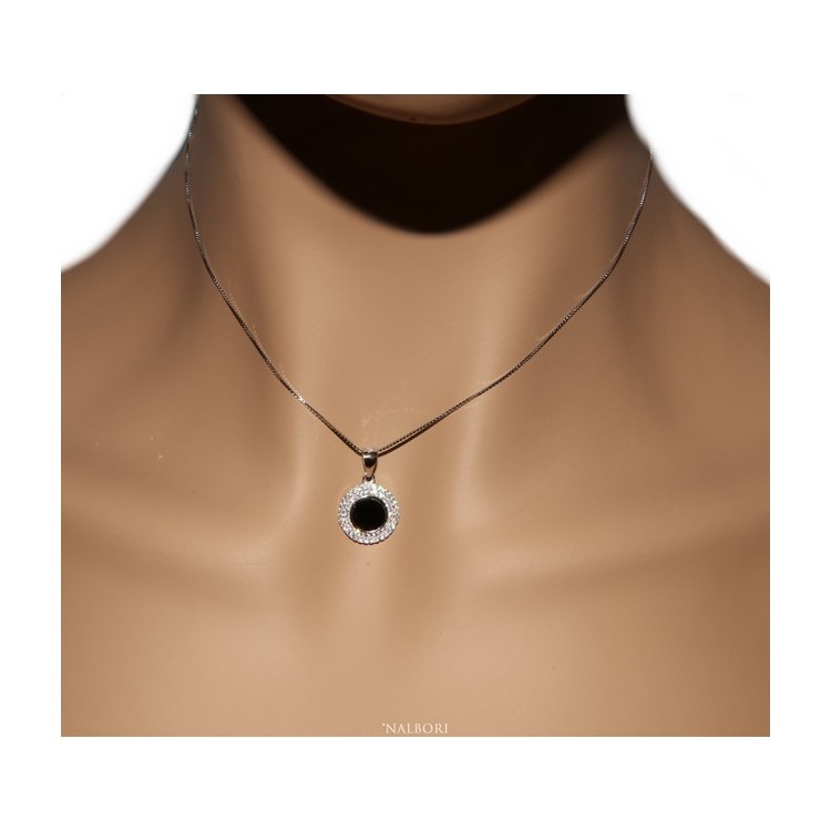 NSA|Argento 925 Collana Collier donna tondo pietra onice nero doppia cornice zirconi bianchi