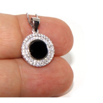 NSA|Silver 925 Necklace Collier woman round stone black onyx double frame white cubic zirconia