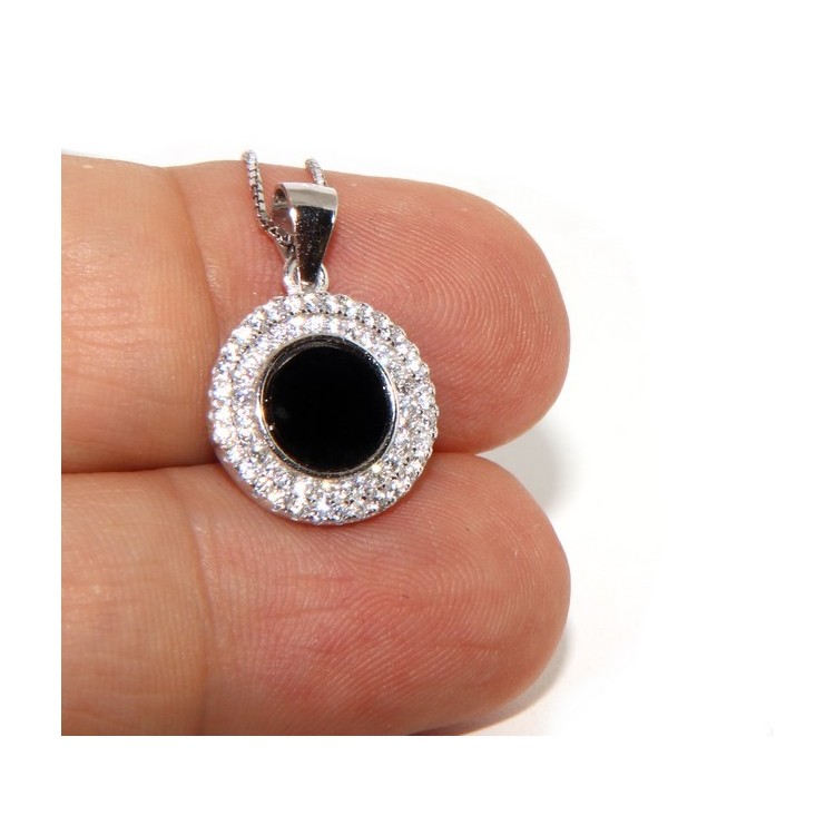 NSA|Silver 925 Necklace Collier woman round stone black onyx double frame white cubic zirconia