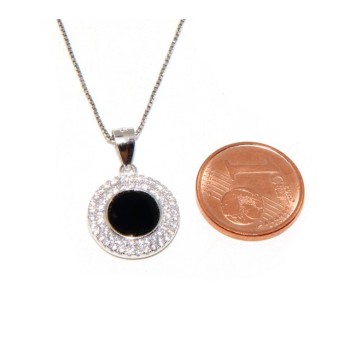 NSA|Argento 925 Collana Collier donna tondo pietra onice nero doppia cornice zirconi bianchi
